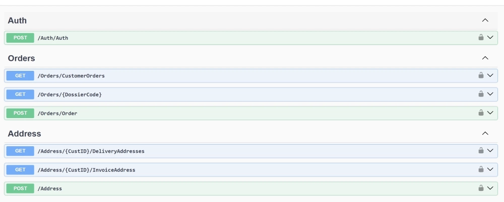 Swagger documentatie van erpconnect.red, met per API de beschikbare endpoints.
